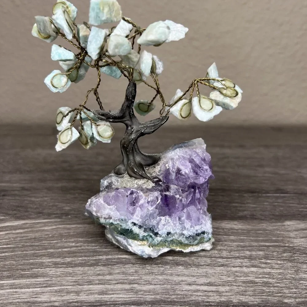 Rock Tree Amethyst Geode Amazonite Leaves 5” Crystal Rock Wire Art